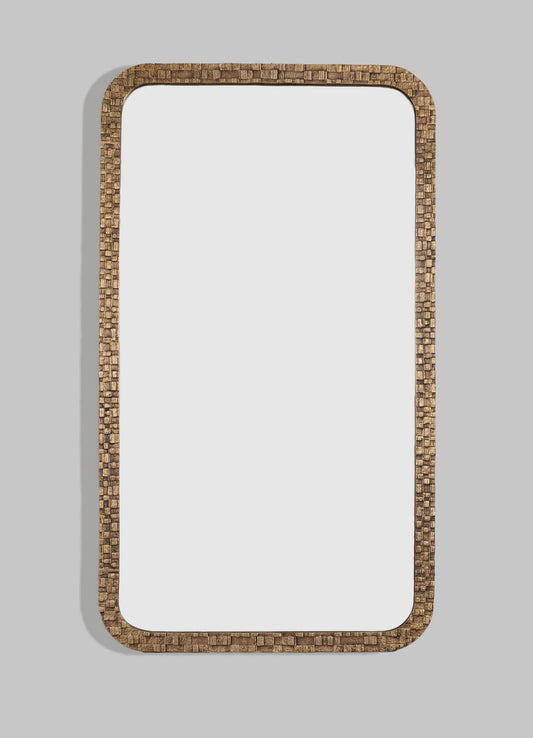 Wooden-framed mirror with a textured, mosaic-style border in a warm brown tone, mounted on a light gray wall.
