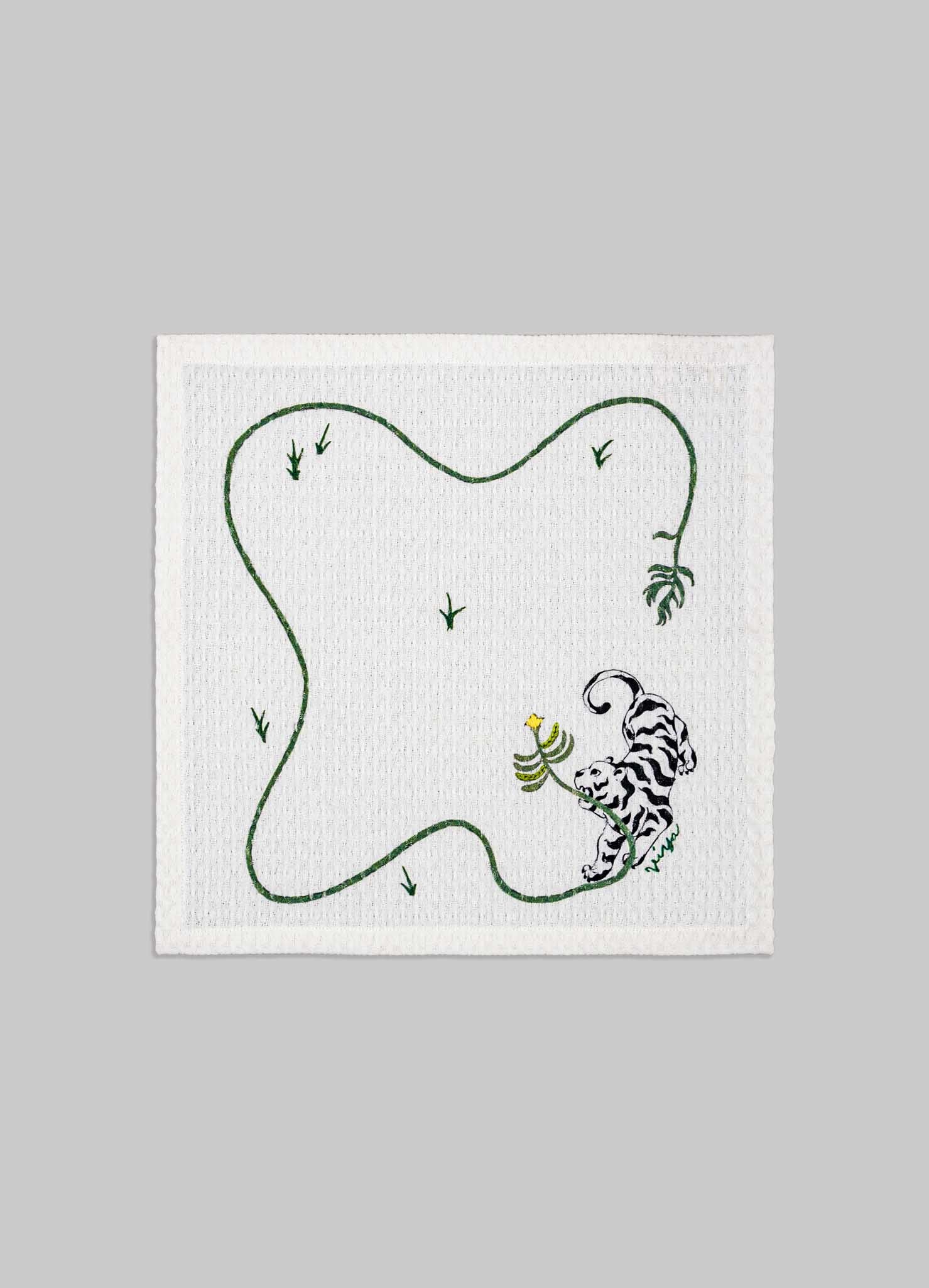 Cotton handkerchief featuring a black and white striped tiger illustration with green foliage and a yellow flower, set against a plain white background.