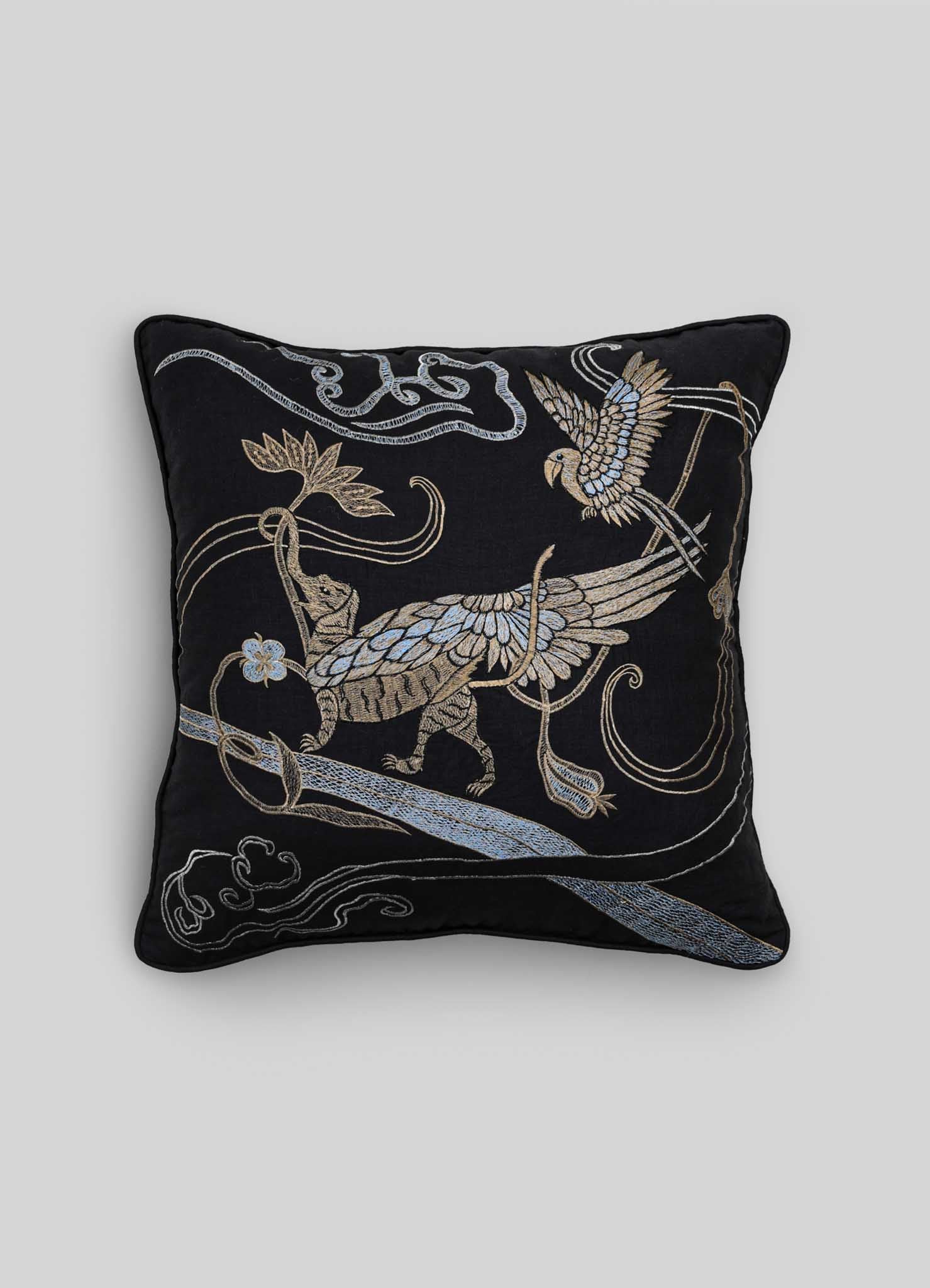 Dreamscape Leophant Black & Gold Embroidered Linen Cushion Cover 24"x24"