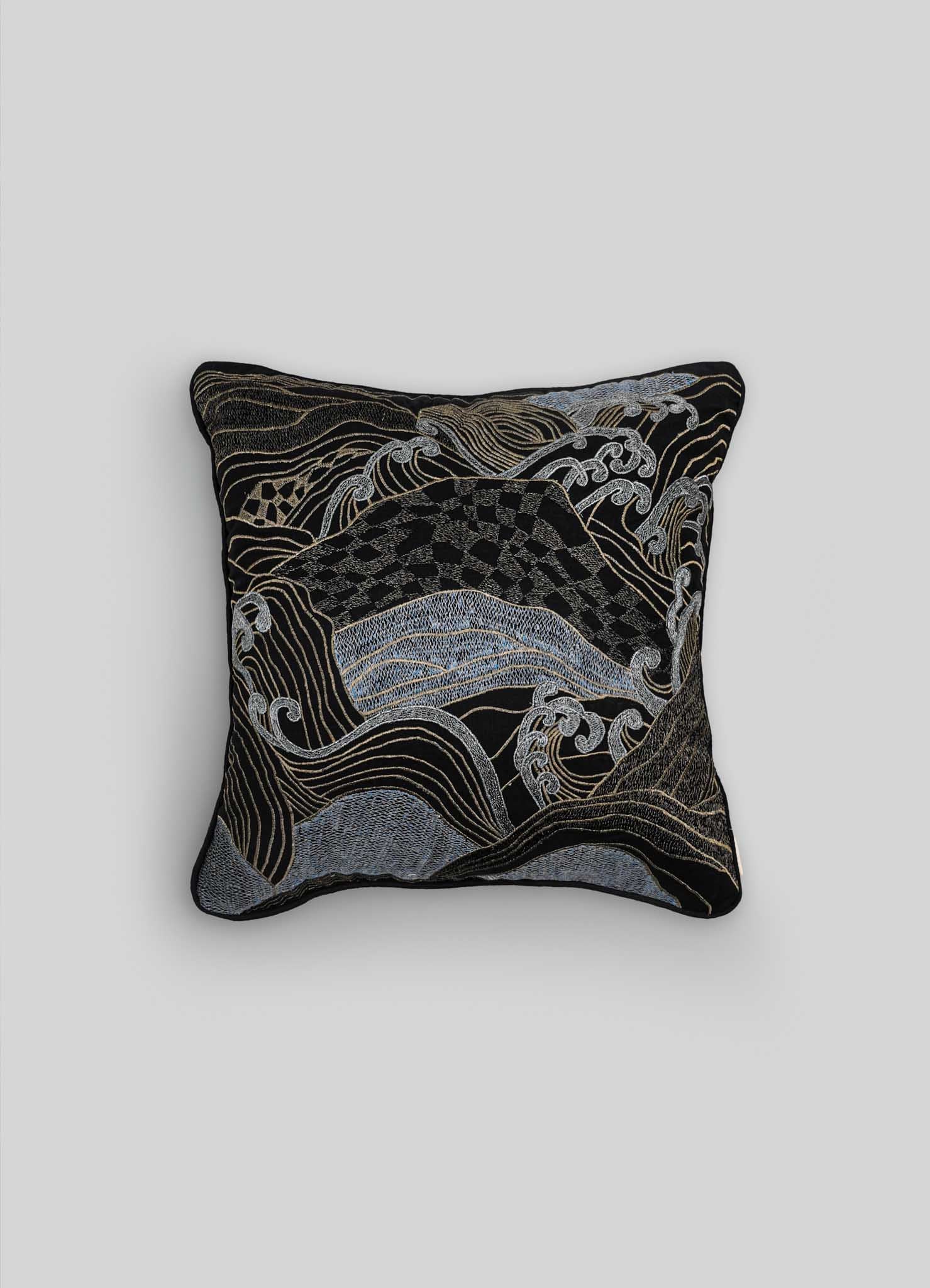 Dreamscape Black & Gold Embroidered Linen Cushion Cover 18"x18"
