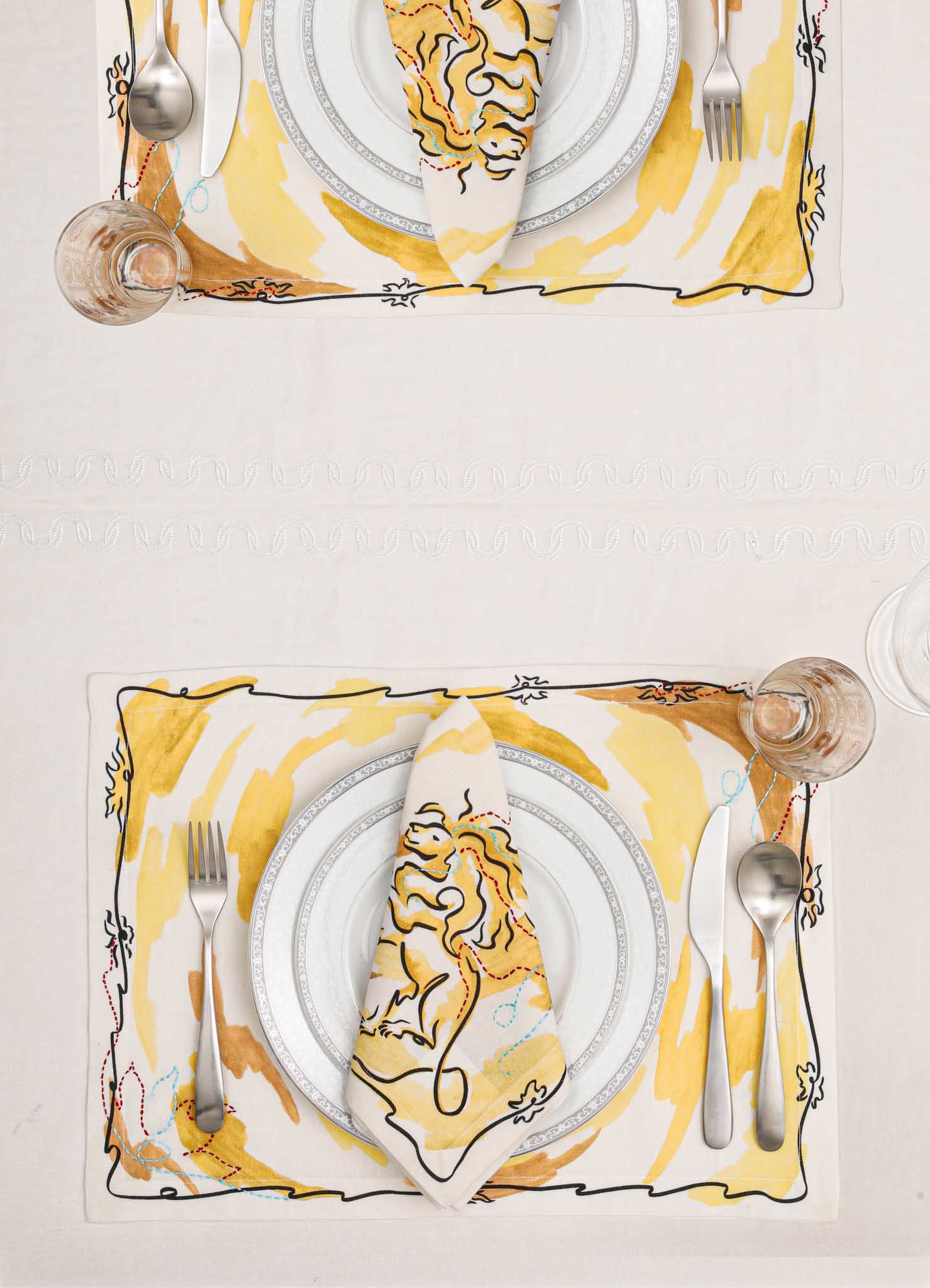 Leo Printed & Hand Embroidered Yellow Placemat