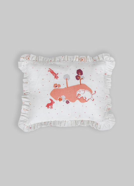 Decorative cushion with white fabric, featuring embroidered animal and nature motifs in shades of orange, pink, purple, and gray. The cushion has a ruffled trim around the edges, adding a soft, whimsical touch.