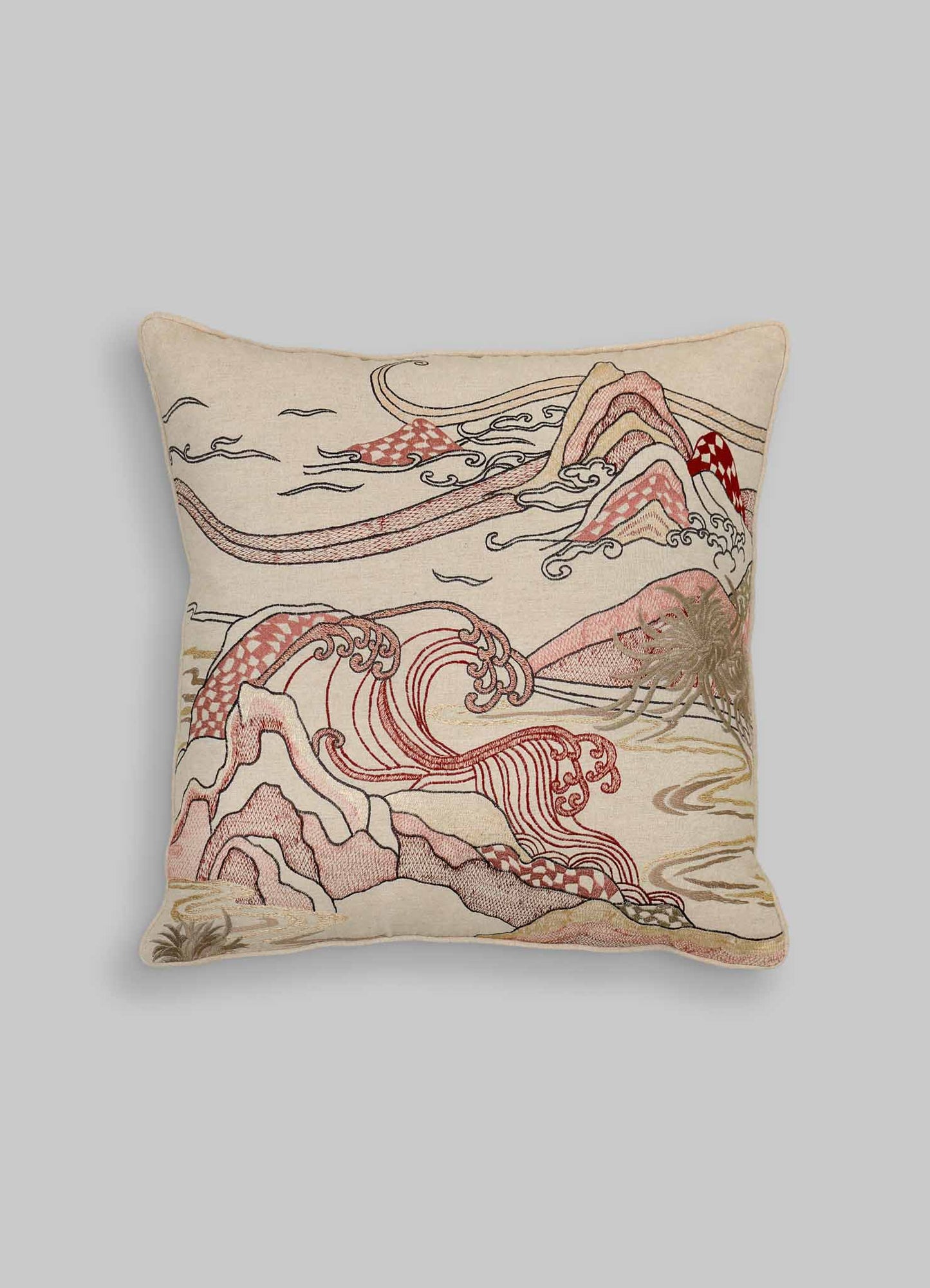 The Viya Dreamscape Red Embroidered Cushion Cover A (24"x24") features a beige background with an intricate wave and mountain pattern in red, brown, and gold, inspired by traditional Japanese textile motifs.