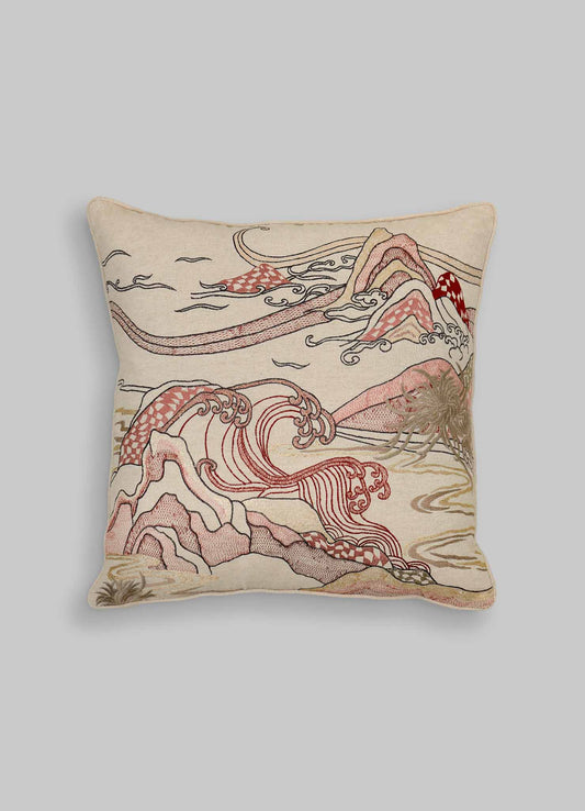 The Viya Dreamscape Red Embroidered Cushion Cover A (24"x24") features a beige background with an intricate wave and mountain pattern in red, brown, and gold, inspired by traditional Japanese textile motifs.