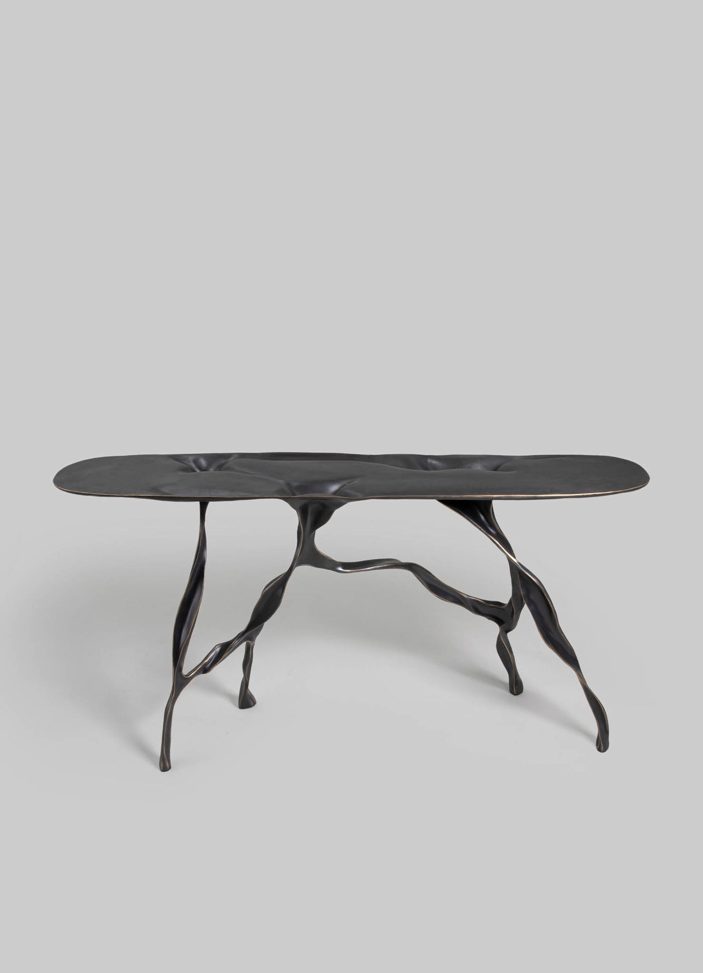 A sculptural black table with an organic, tree-branch-inspired metal base and a smooth, irregularly shaped top. The style is contemporary with a bold, artistic design.