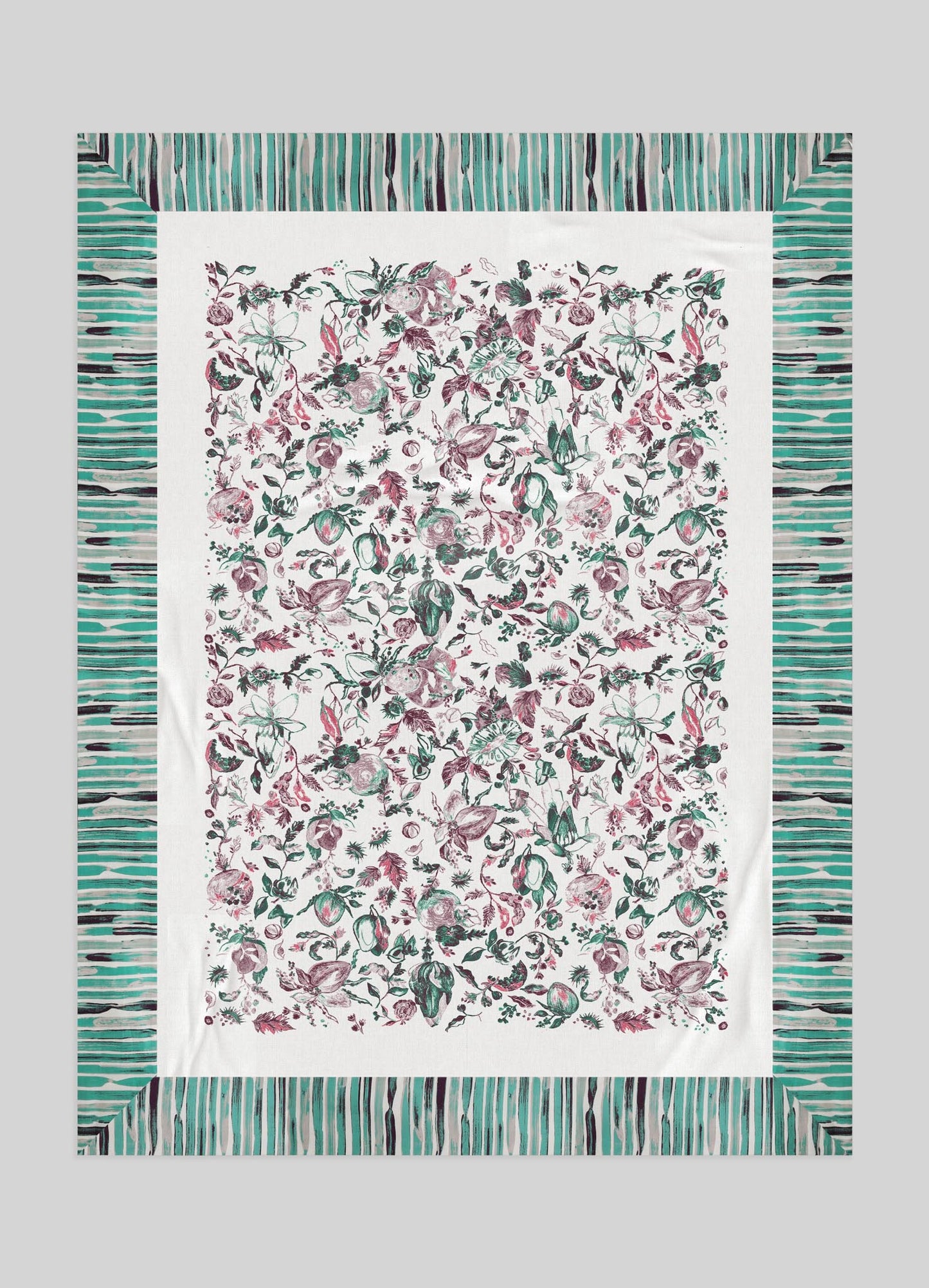 Textile with a central floral pattern featuring pink and green motifs on a white background, bordered by a striped design in shades of teal, black, and white. The material appears to be fabric suitable for table linen or decorative textiles with a contemporary style.