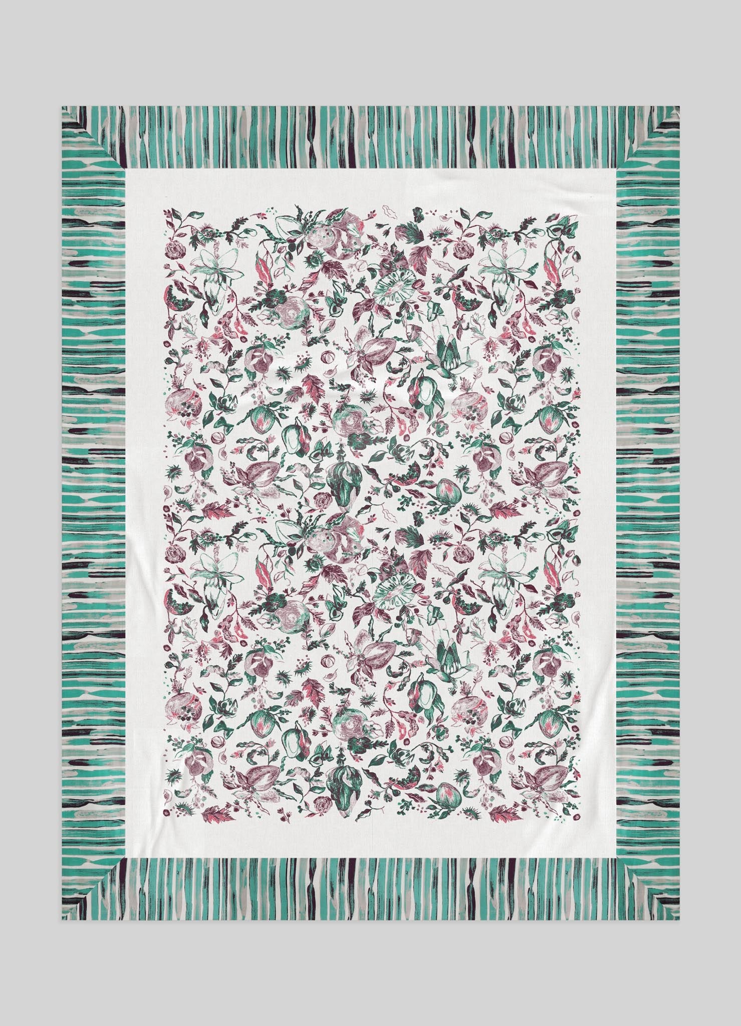 Textile with a central floral pattern featuring pink and green motifs on a white background, bordered by a striped design in shades of teal, black, and white. The material appears to be fabric suitable for table linen or decorative textiles with a contemporary style.