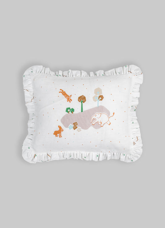 Cotton decorative pillow with embroidered animal motifs and a ruffled border, featuring a playful scene with an elephant, a rabbit, and trees in soft earth tones and pastel shades.