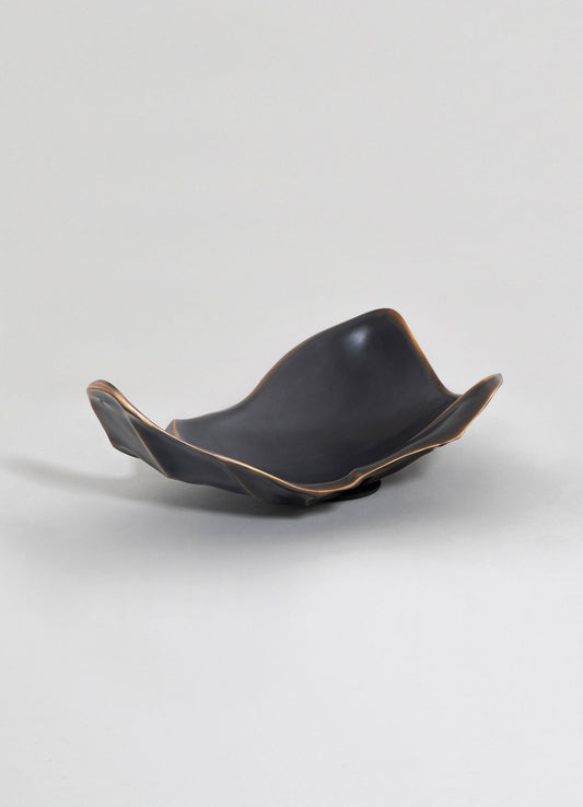 A decorative bowl made of dark-colored material with a smooth, organic shape and metallic bronze accents along the edges. The bowl has an abstract, contemporary style and sits on a neutral background.