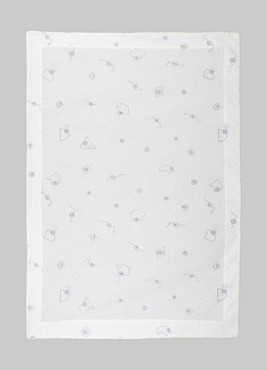 A white tablecloth with a subtle dotted pattern and abstract line drawings of geometric shapes and motifs, designed for modern dining settings.