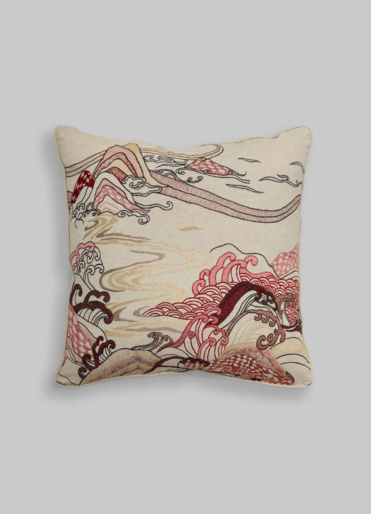 The Viya Dreamscape Red Embroidered Cushion Cover B (24"x24") features symbolic wave and line motifs in red, brown, and pink on a beige background, inspired by traditional Japanese art.