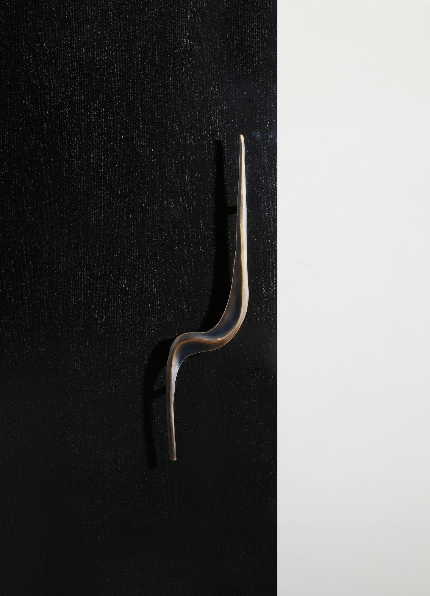 A sculptural wall hook with a sleek, organic form in a metallic finish, mounted on a black textured surface with a contrasting white background.