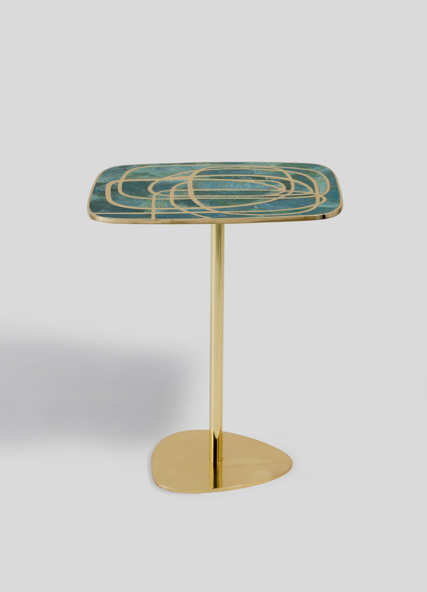 A side table with a rectangular marble top featuring green and blue tones with gold geometric patterns, supported by a slender gold-tone metal pedestal base.