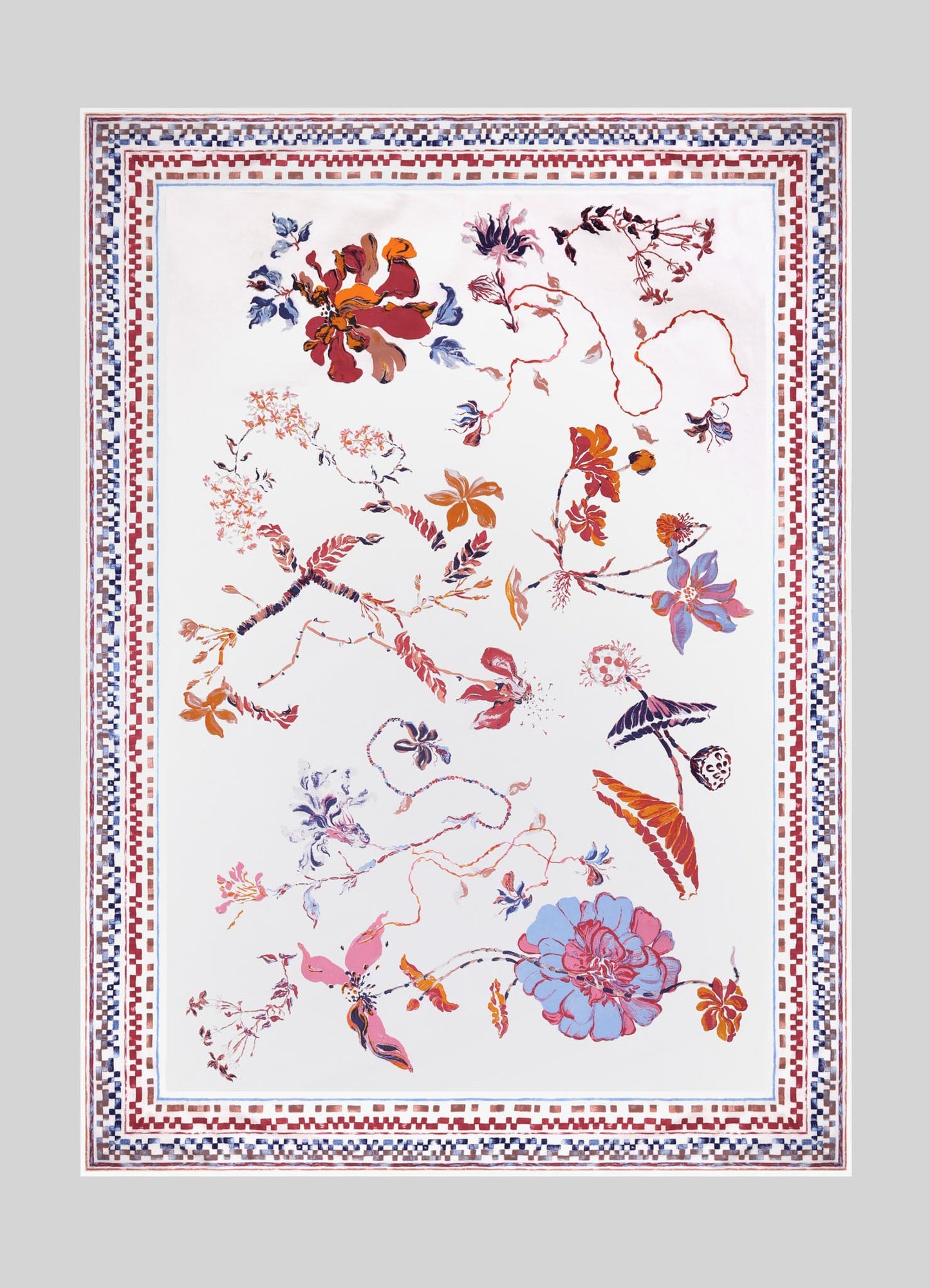 A decorative textile featuring a floral motif with large, stylized flowers and vines in shades of orange, pink, purple, and blue on a white background. The edges are bordered with a geometric pattern in blue, white, and red.