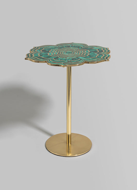 A decorative side table with a floral-shaped top featuring intricate turquoise and gold geometric patterns, mounted on a slender gold metal pedestal with a round base. The style appears modern and luxurious, with a focus on detailed craftsmanship and bold colors.