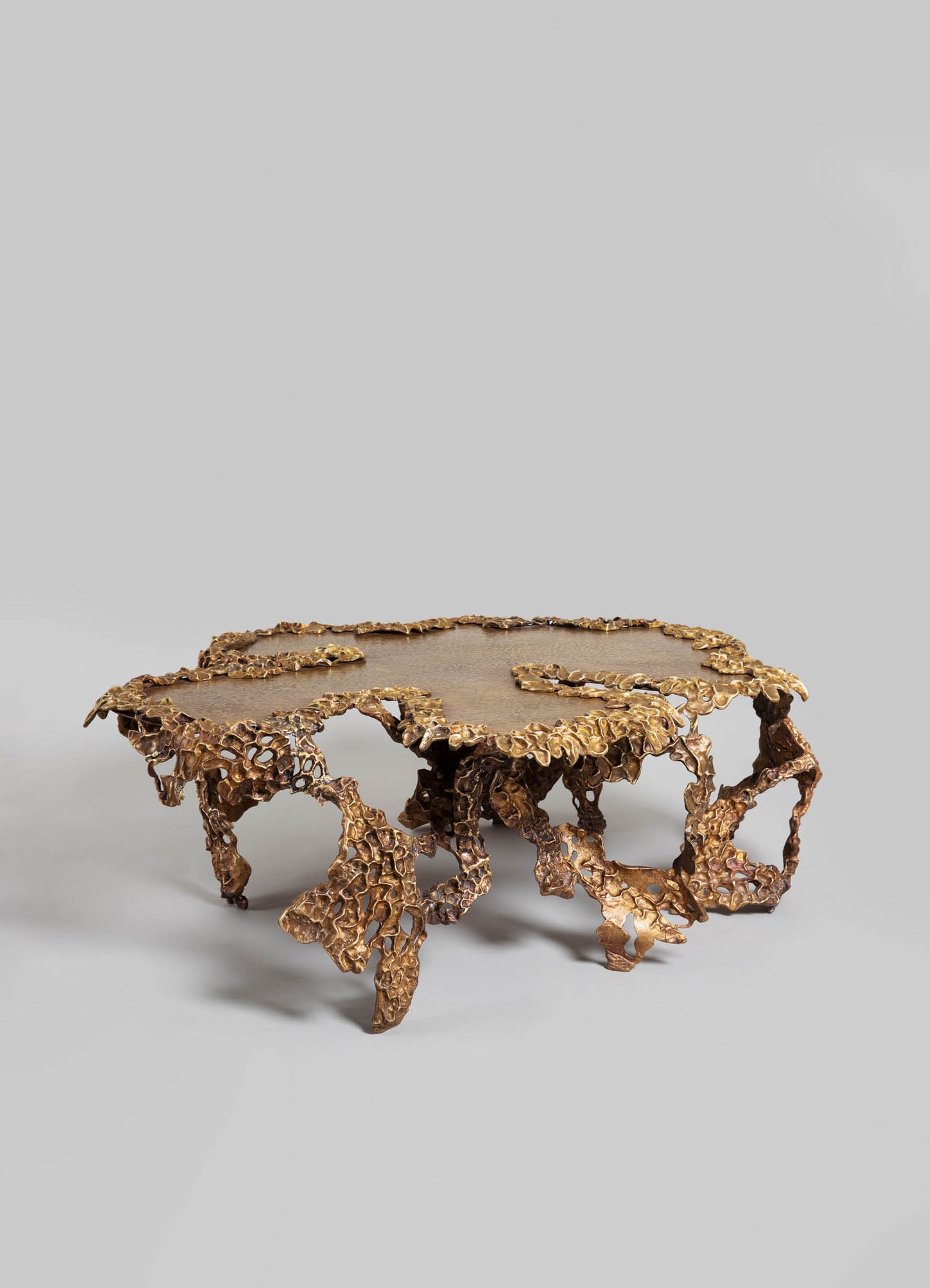 A decorative coffee table with a sculptural, organic form in a metallic gold finish, featuring intricate, textured patterns that resemble coral or natural motifs.