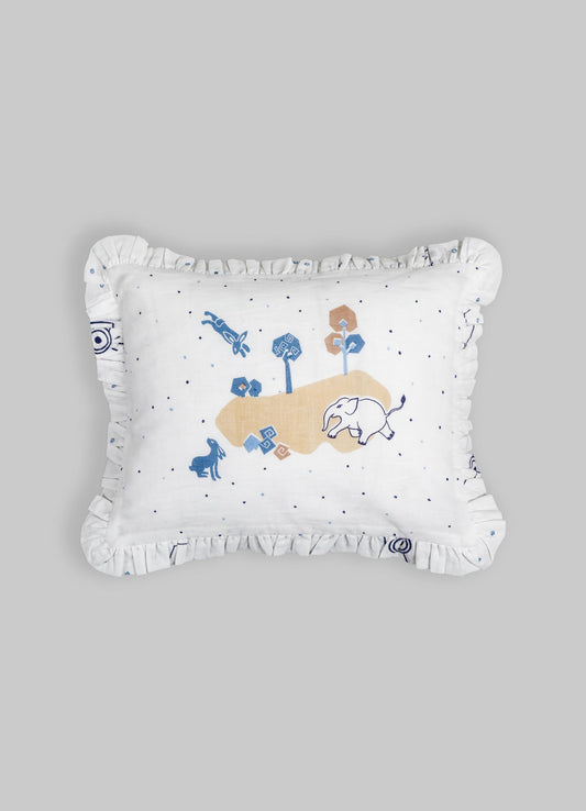 Cotton decorative pillow with embroidered animal and tree motifs in shades of blue, beige, and white, featuring a ruffled fabric border.