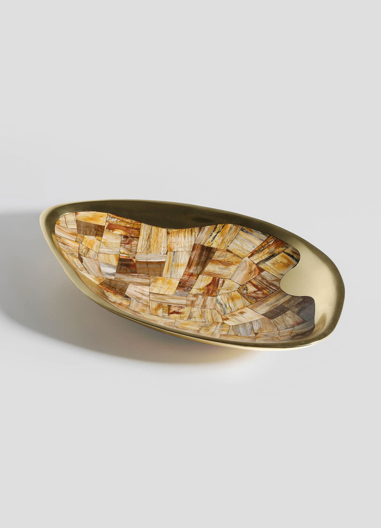 A decorative bowl with a gold-colored exterior and an interior made of patchwork of natural wood and stone in warm earthy tones, featuring smooth curvilinear edges and a glossy finish.