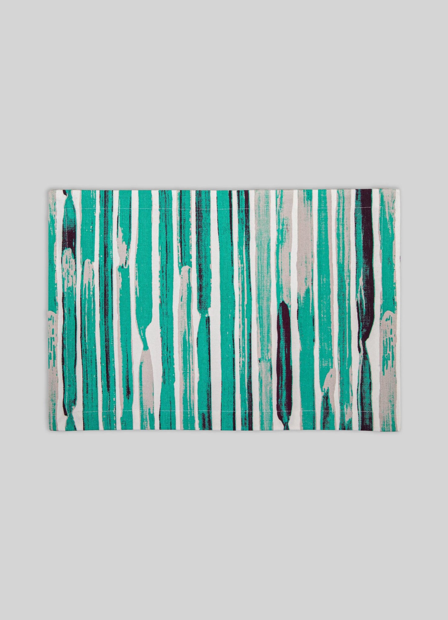 A rectangular textile piece with an abstract pattern of vertical brushstrokes in shades of teal, turquoise, black, and white, resembling a modern, artistic design.