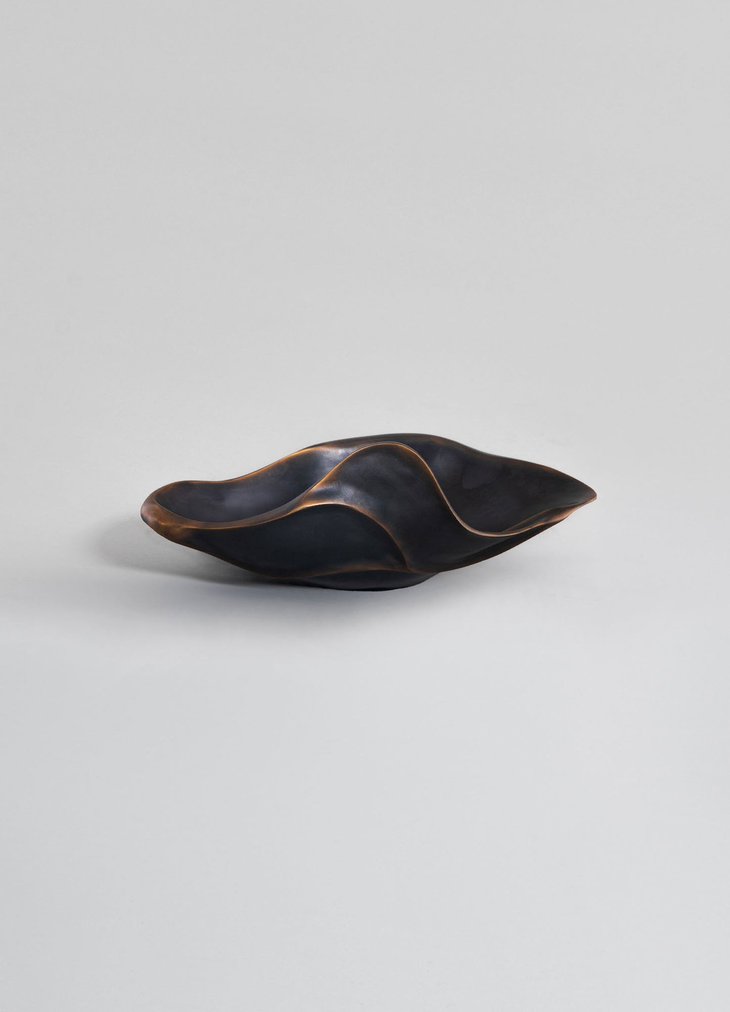 A black, sculptural bowl with organic, flowing curves and a metallic bronze accent along the edges. The design is contemporary with a smooth finish and abstract form.