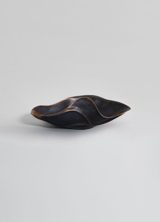 A black, sculptural bowl with organic, flowing curves and a metallic bronze accent along the edges. The design is contemporary with a smooth finish and abstract form.