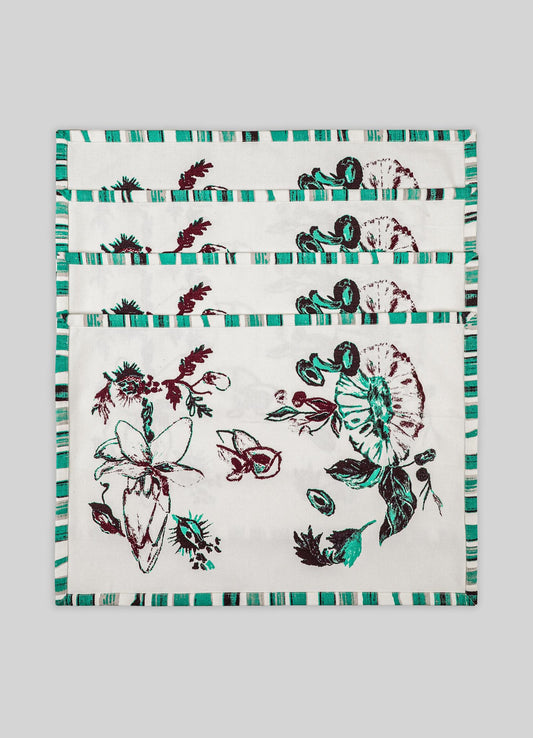 Fabric placemats with a floral and butterfly motif, featuring a striped border in shades of teal, black, and white. Made of lightweight fabric suitable for dining table decor.