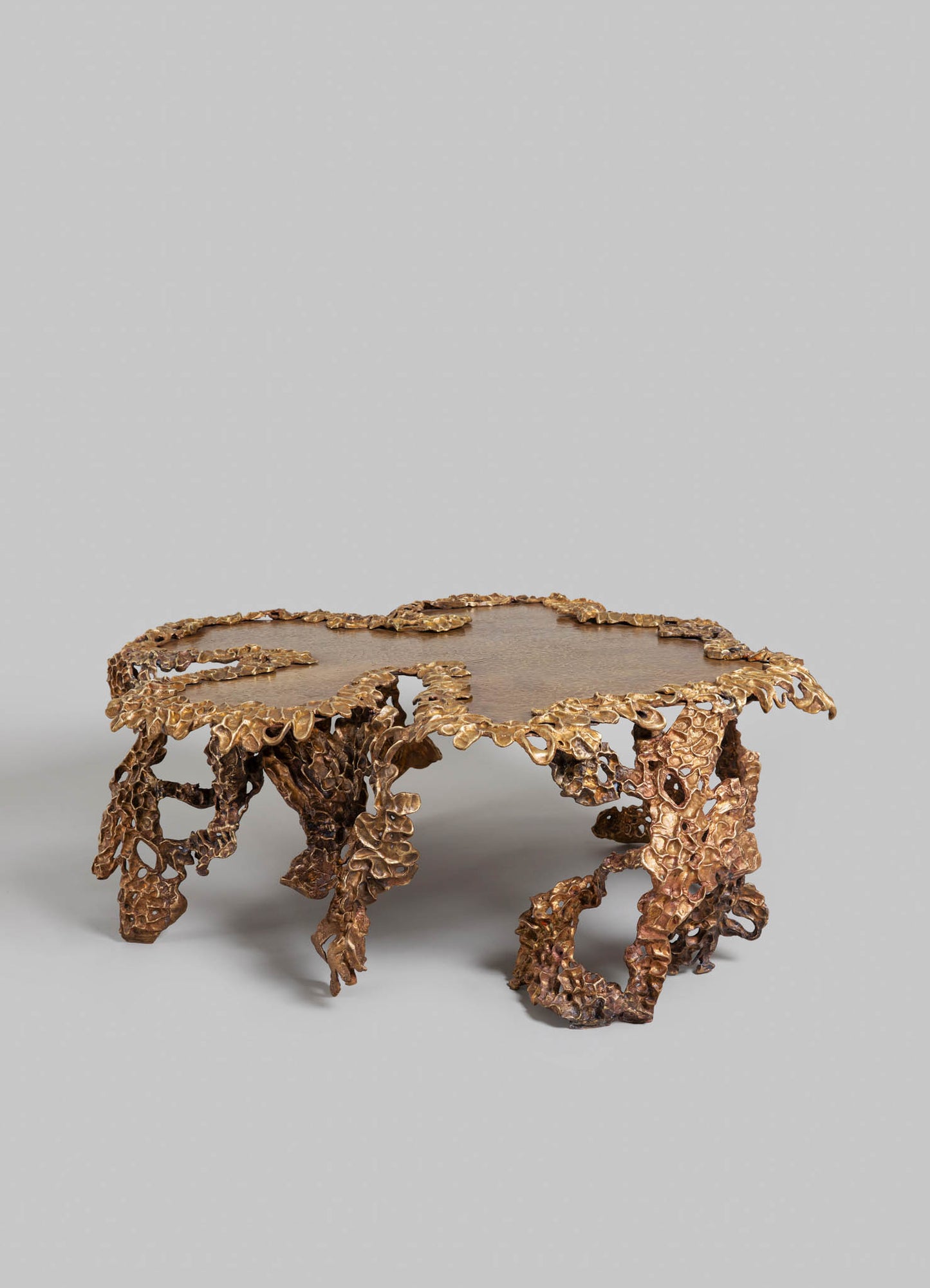 A small coffee table with an organic, irregular shape, featuring a surface with a smooth finish and legs and sides composed of intricate, textured metalwork in a warm bronze tone.