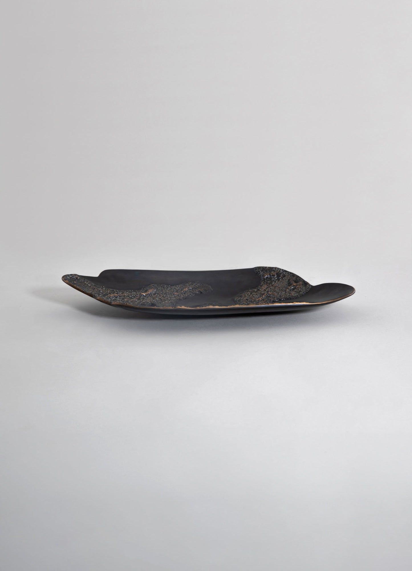 A black ceramic serving platter with an irregular, organic shape and textured, metallic accents along the edges, set against a neutral background.
