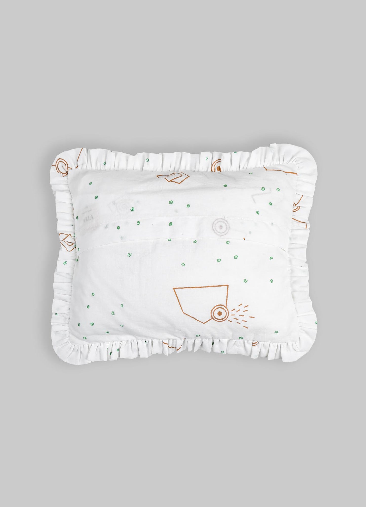 A white crib bumper with ruffled edges, featuring a pattern of simple geometric and line drawings in brown and green, likely made of soft fabric for baby protection.