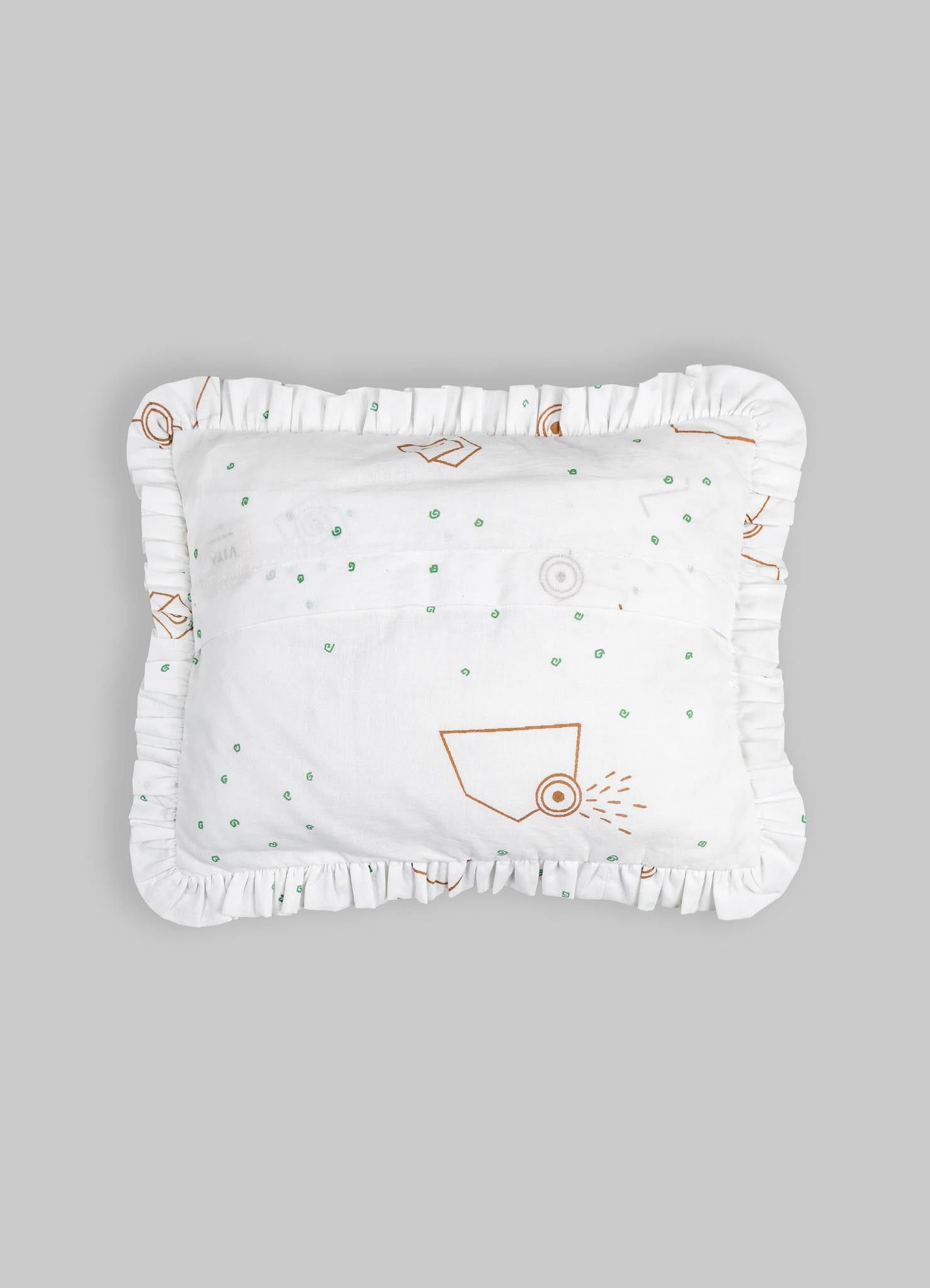 A white crib bumper with ruffled edges, featuring a pattern of simple geometric and line drawings in brown and green, likely made of soft fabric for baby protection.