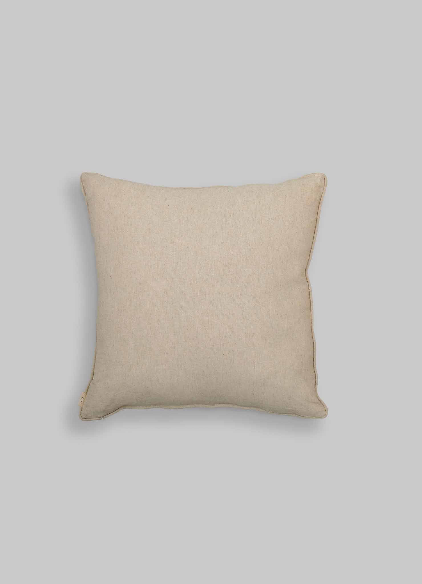 The Viya Dreamscape Red Embroidered Cushion Cover (18"x18") is centered against a light gray background, highlighting its elegant embroidered textures inspired by Rajput manuscript artistry.