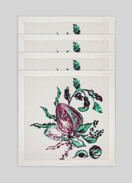 Silk or linen tea towel with a large botanical illustration in shades of purple and green, featuring a fig and leafy elements, on a white background. The design has a handcrafted, artistic style with a focus on natural motifs.