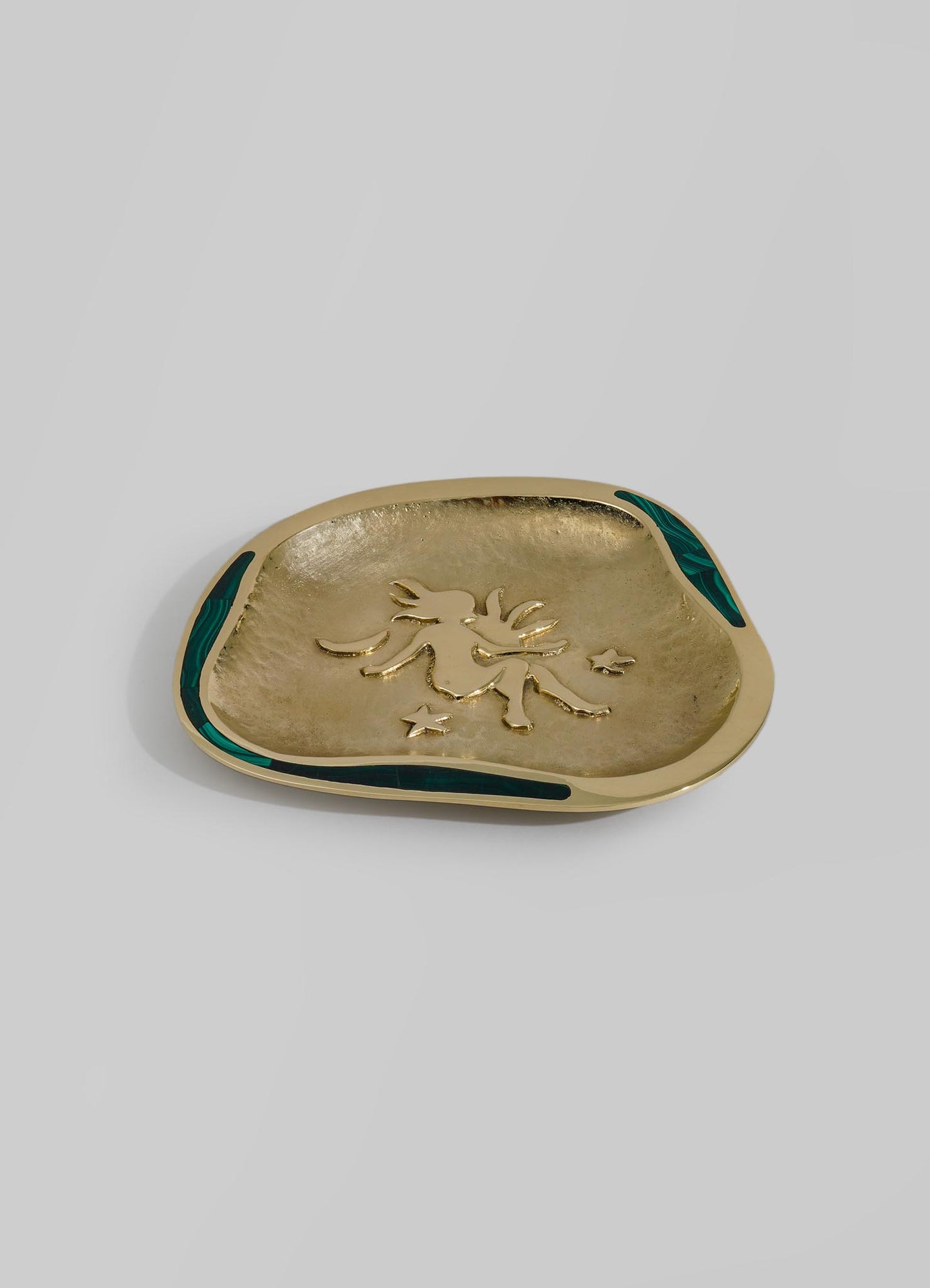 Decorative ceramic dish with a gold finish, featuring a raised dragon motif and dark green accents along the rim. The piece has an irregular, organic shape with a smooth, glossy surface.