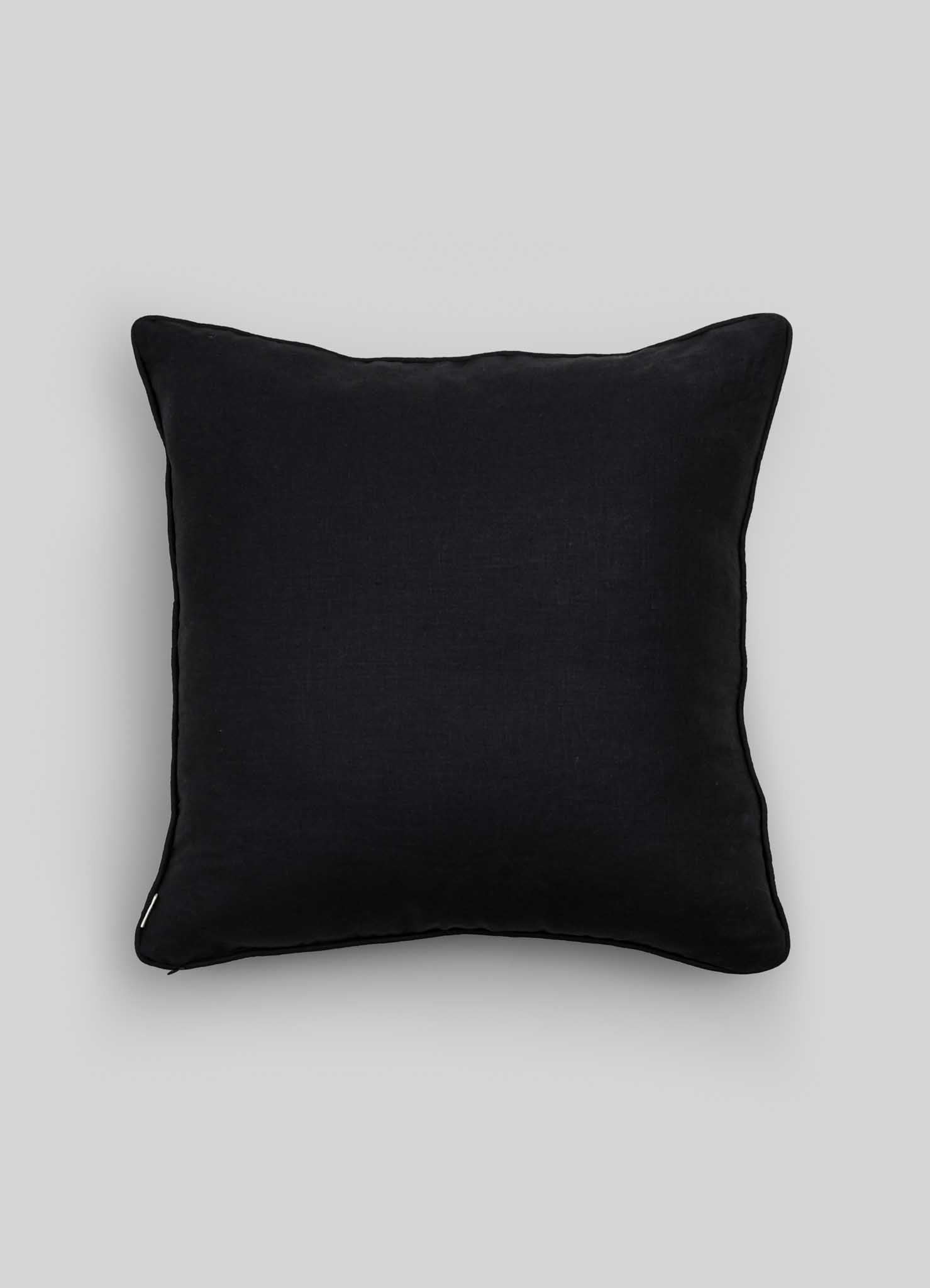 The Viya Dreamscape Leophant Black & Gold Embroidered Linen Cushion Cover (24"x24") features intricate embroidery on black linen and is displayed against a plain light gray background.