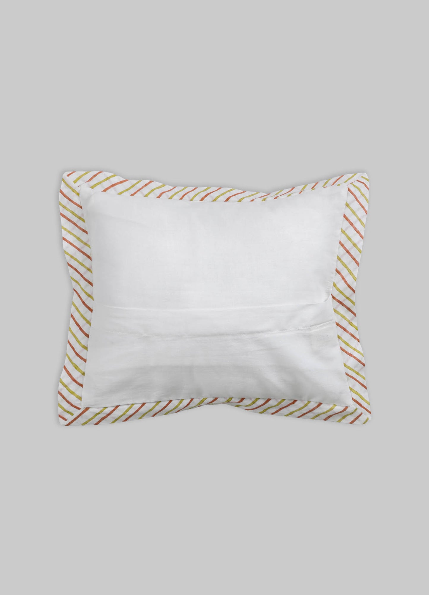 A rectangular cushion with a plain white fabric center and a border featuring multicolored diagonal stripes in shades of red, yellow, and green. The cushion has a soft, contemporary appearance.