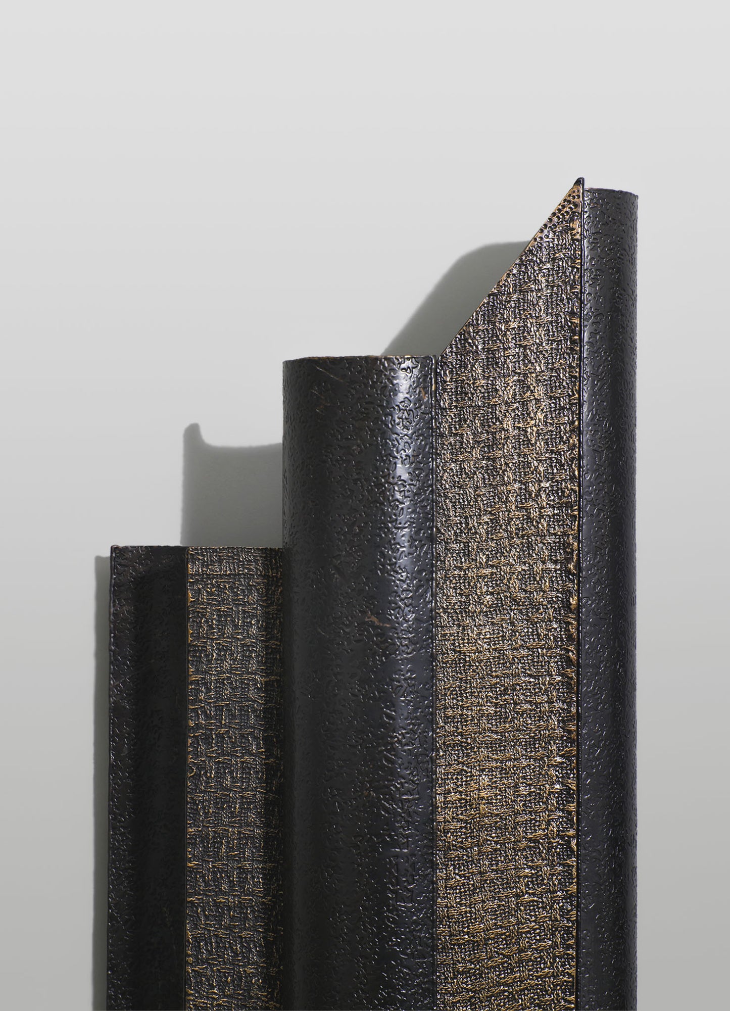 Black textured leather book covers with embossed gold accents, featuring a cracked or distressed surface pattern. The design appears contemporary with a focus on luxury and craftsmanship.