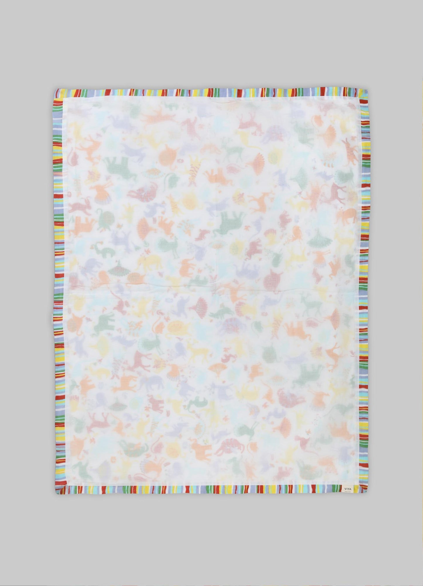A square textile with a pattern of pastel-colored animal motifs, bordered by a multicolored striped trim. The fabric appears lightweight and soft, suitable for use as a handkerchief, scarf, or decorative cloth.