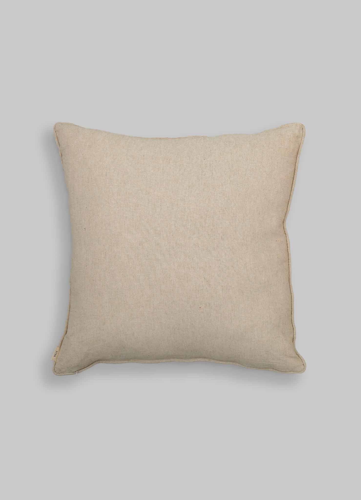 The Viya Dreamscape Red Embroidered Cushion Cover A (24"x24") is displayed against a light gray background, showcasing its intricate symbolic motifs and soft textured fabric.