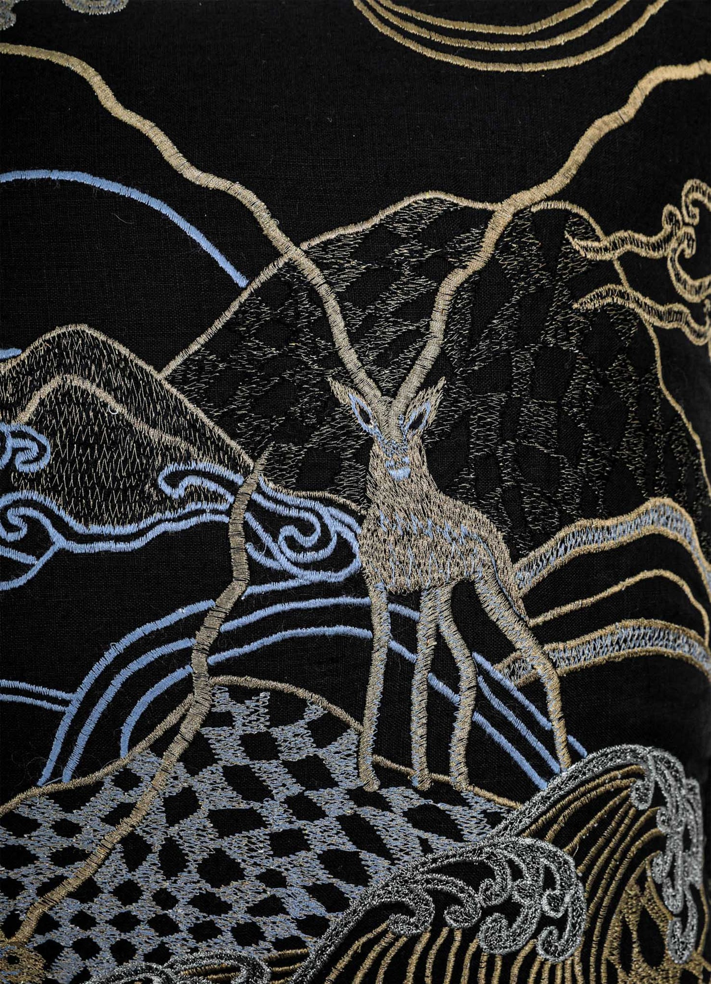 Dreamscape Blackbuck Black & Gold Embroidered Linen Cushion Cover 16"x16"