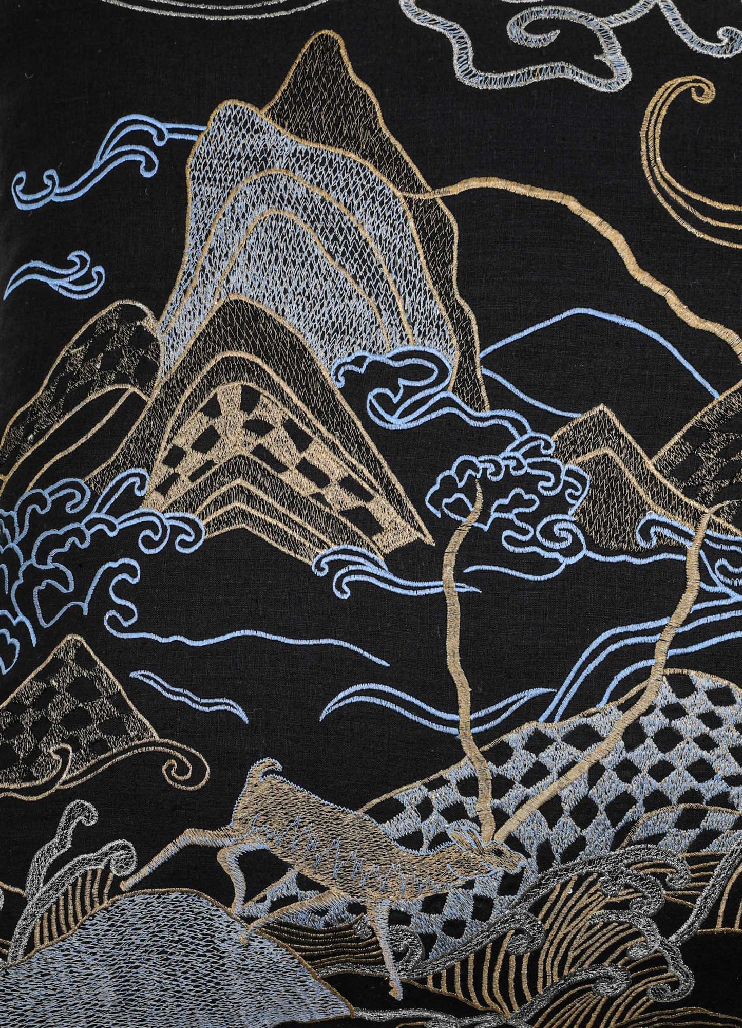 Dreamscape Blackbuck Black & Gold Embroidered Linen Cushion Cover 24"x24"