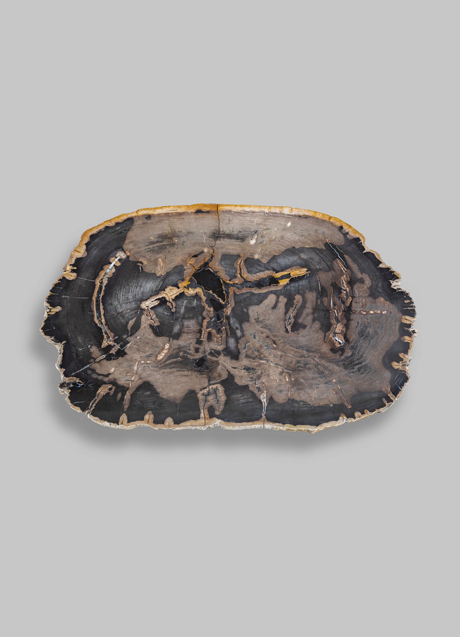 A carved wooden tray with a dark, natural wood grain and contrasting lighter edges, featuring an organic, irregular shape. The surface shows intricate patterns and visible cracks, emphasizing a rustic, handcrafted style.