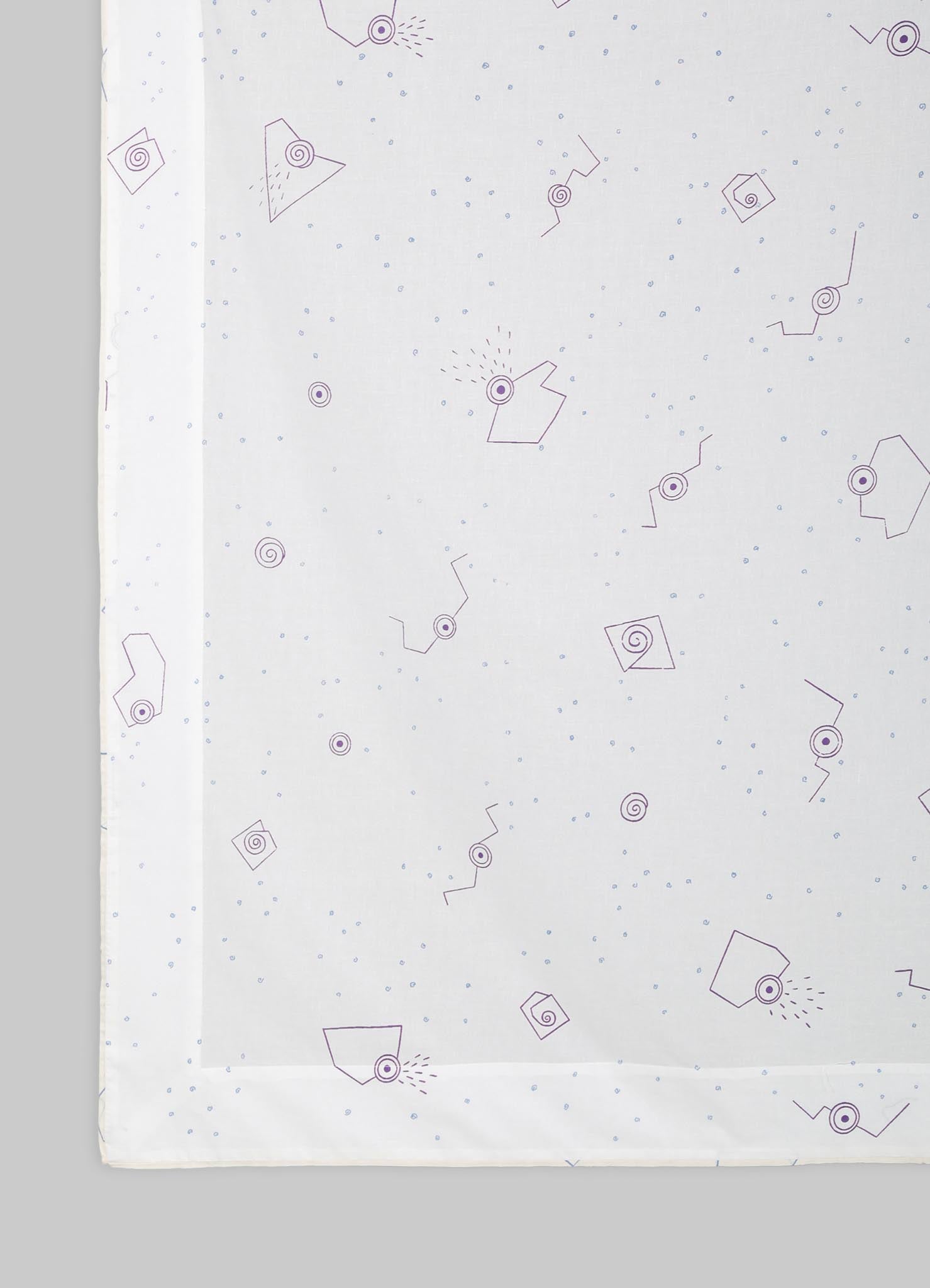 Light-colored tablecloth with a subtle geometric pattern featuring purple line drawings of various shapes and small dots, made from a smooth fabric suitable for dining or decorative use.