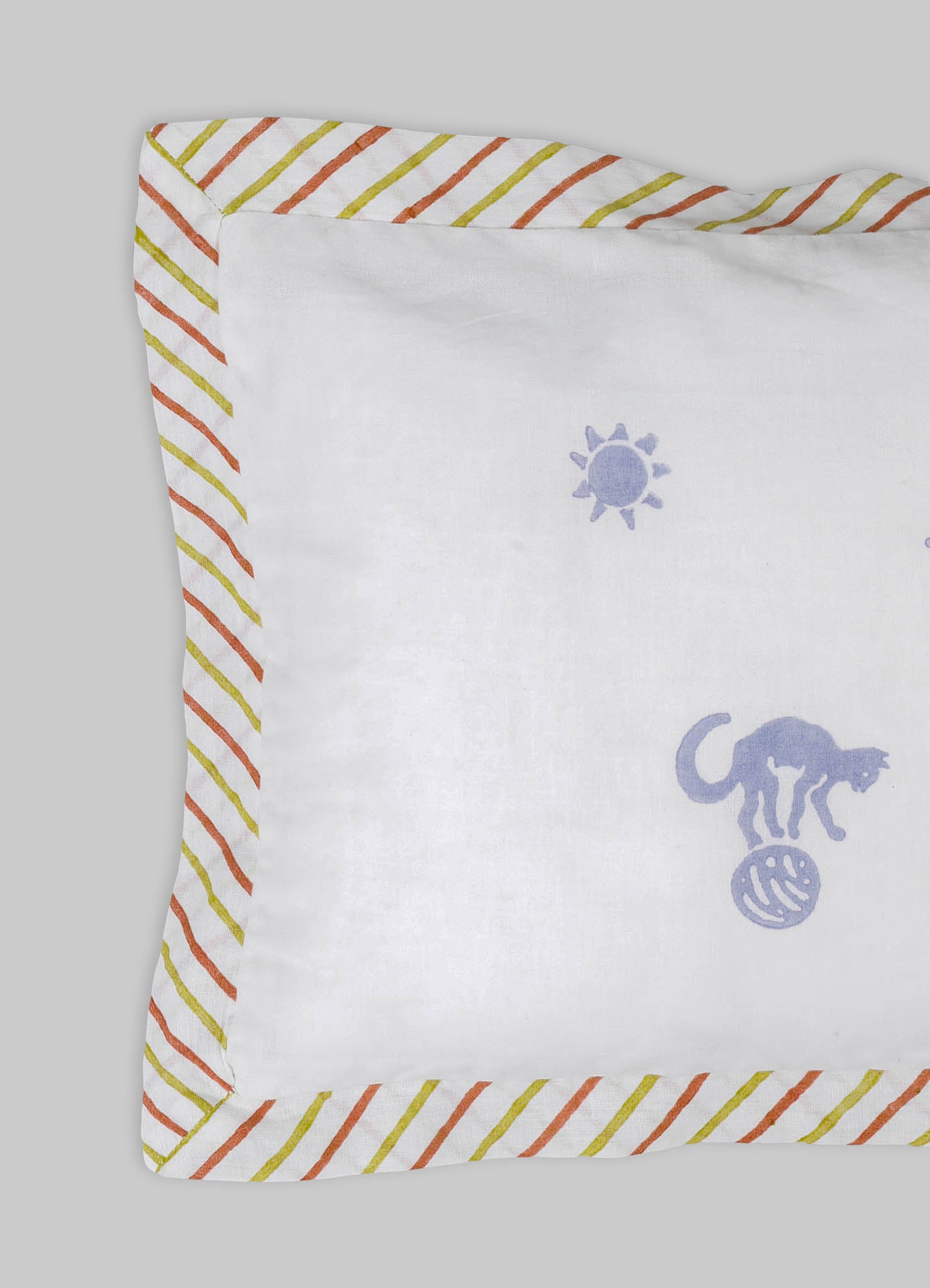 Cotton pillowcase with embroidered animal motifs in pastel purple, featuring a striped border in shades of orange, yellow, and green, set against a light gray background.