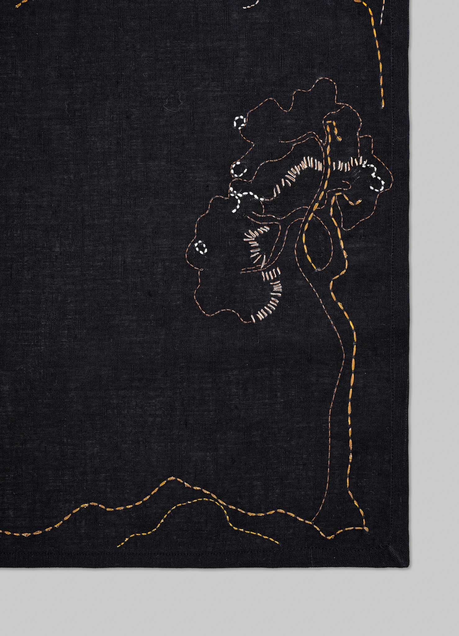 Embroidered floral design on a black fabric background viya design