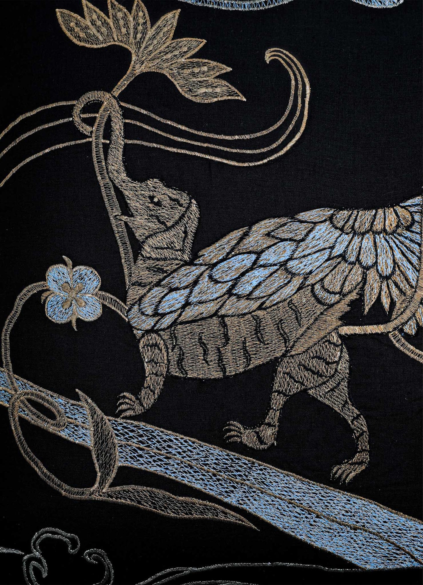 Dreamscape Leophant Black & Gold Embroidered Linen Cushion Cover 24"x24"