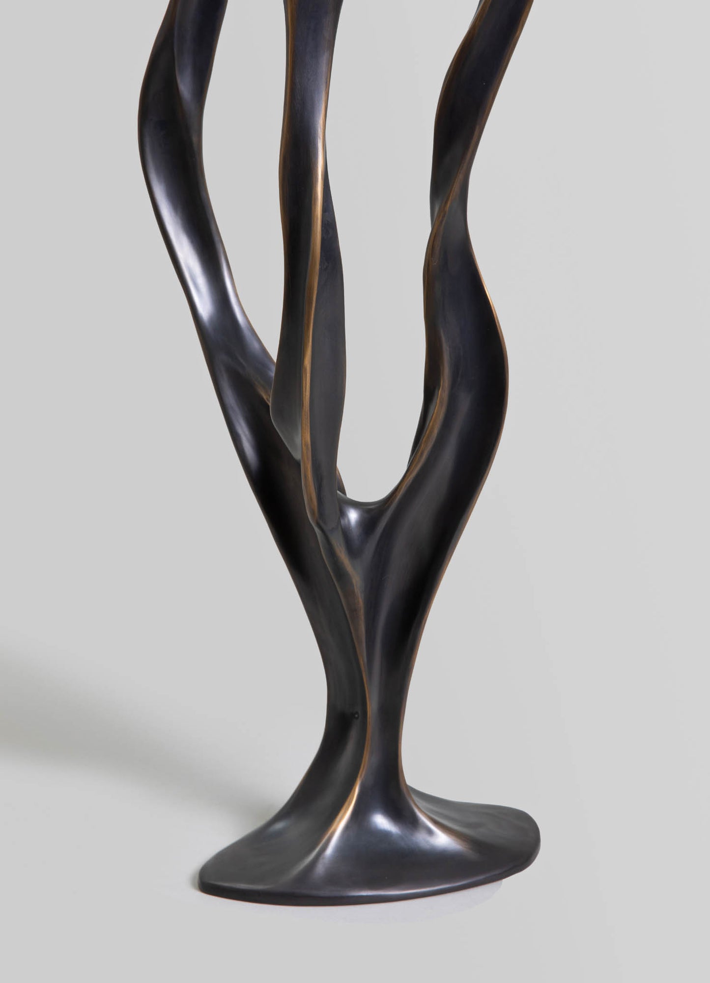 Sculptural table lamp made of dark metal with a twisted, organic form and a smooth, polished finish, set against a neutral background.