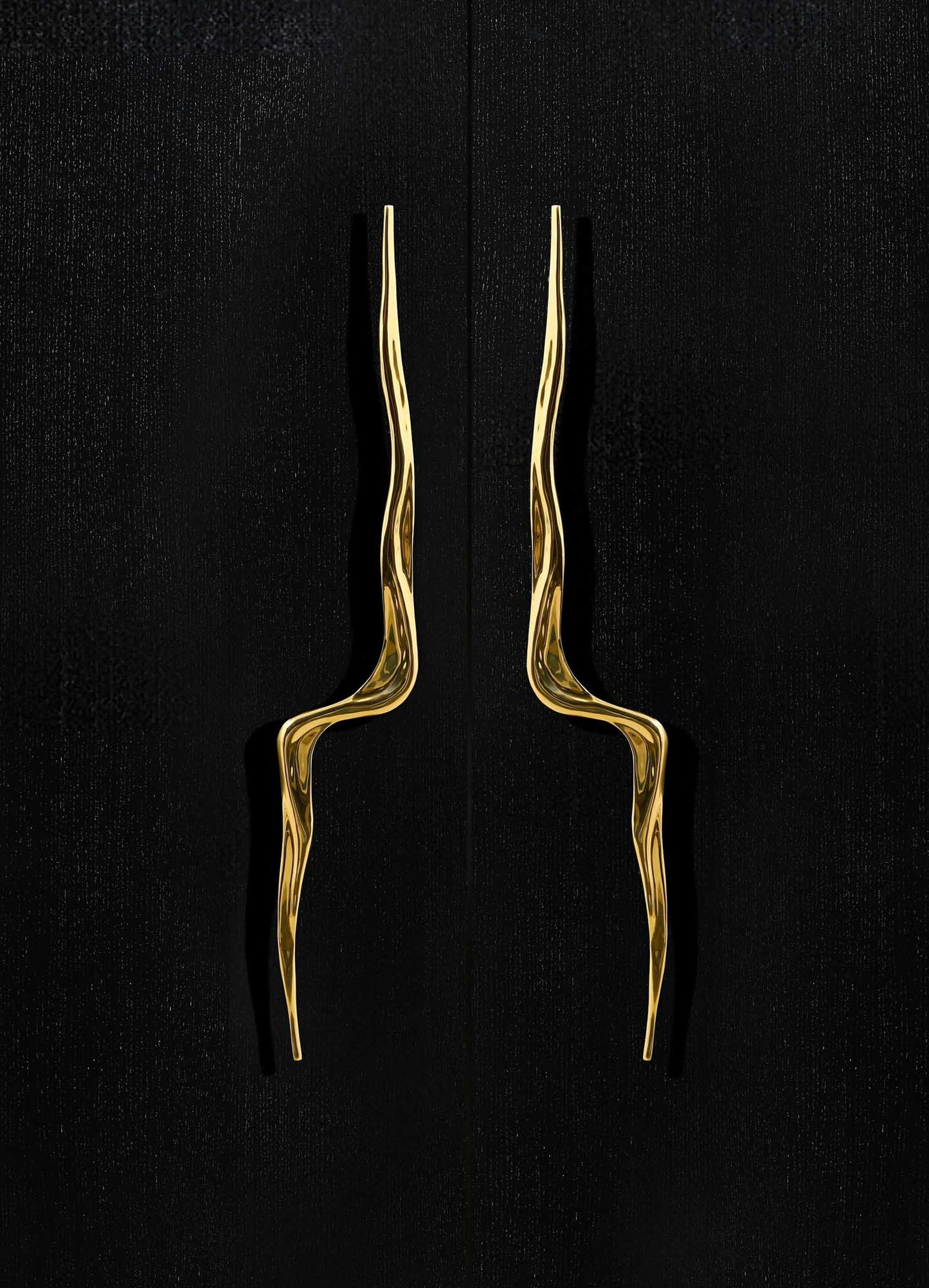 Gold-toned sculptural door handles with an organic, wavy design mounted on a black textured door surface.
