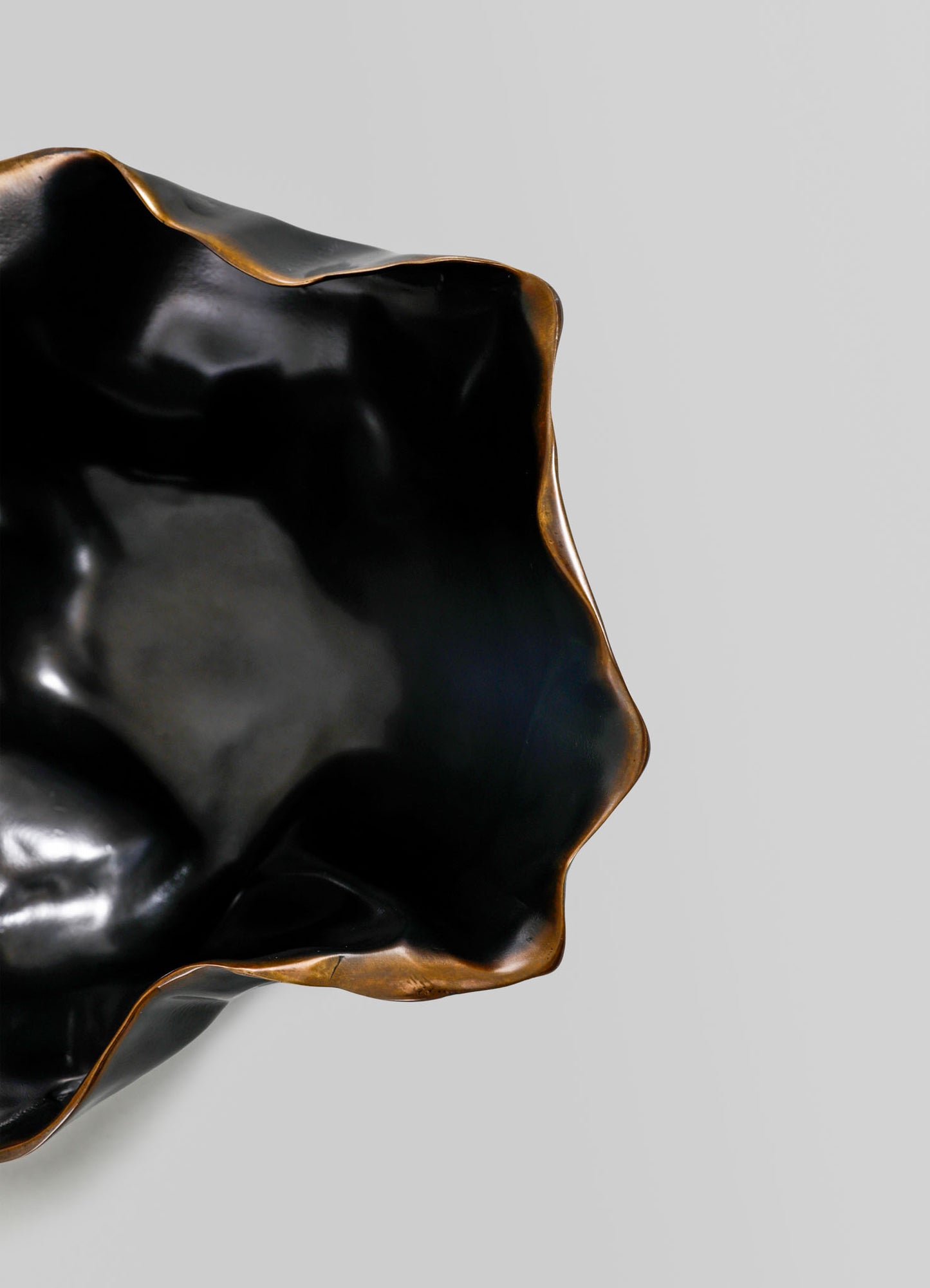 A black ceramic bowl with an irregular, organic shape and a glossy finish, featuring a metallic bronze edge. The bowl has a handcrafted, contemporary style with a smooth surface and flowing contours.