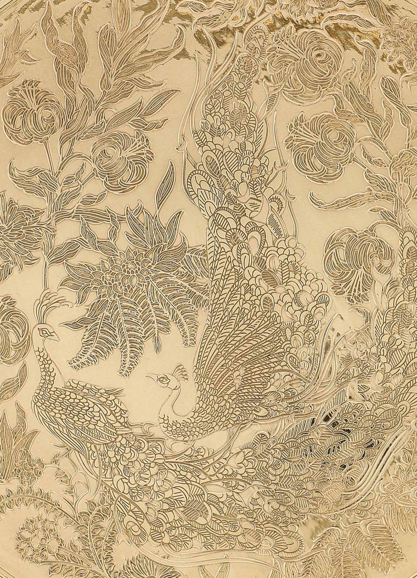 Gold-foiled textile with intricate embossed floral and peacock motifs, featuring detailed line work and a luxurious, handcrafted appearance.