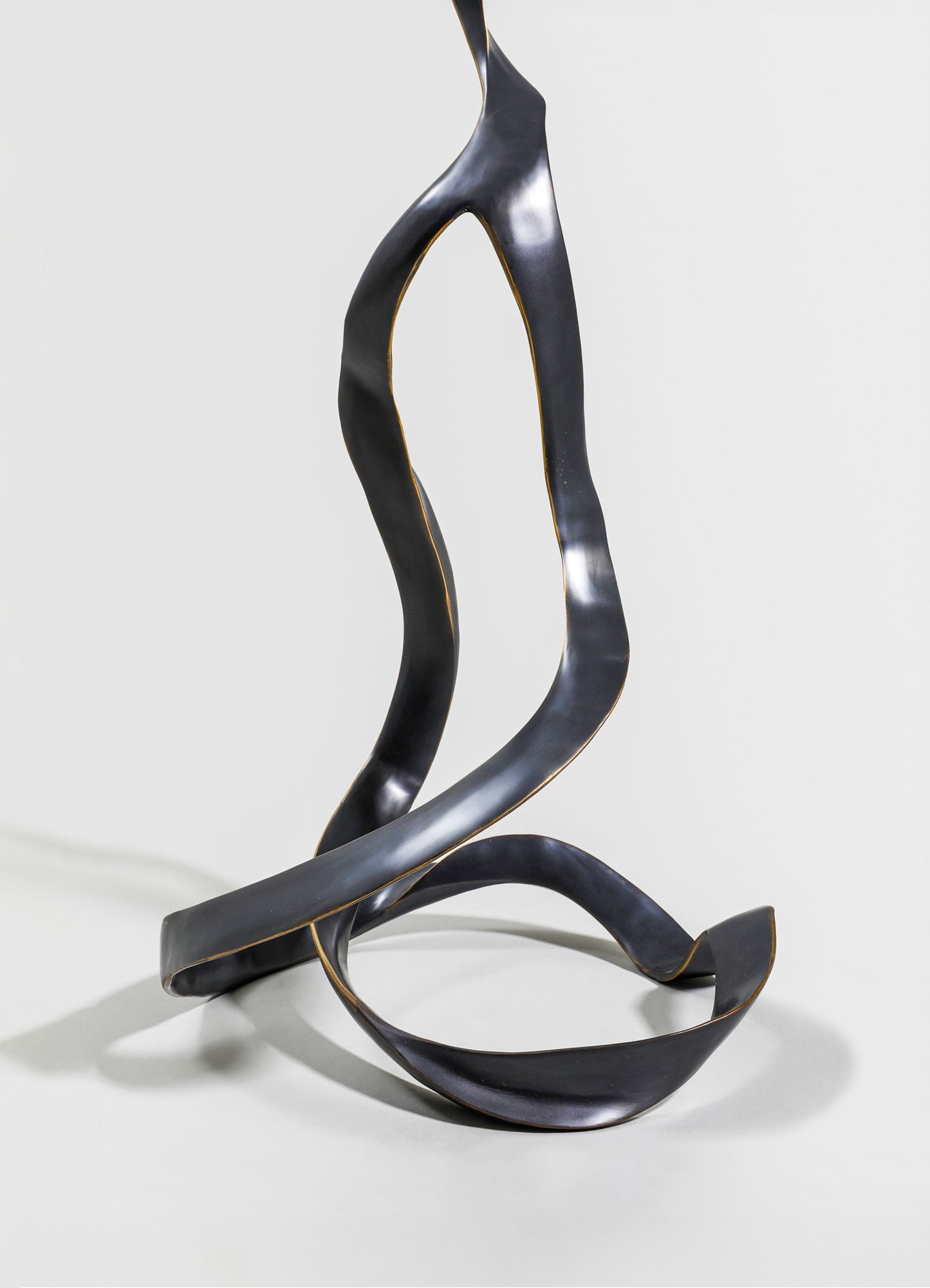 Sculptural abstract artwork made of black metal with a polished finish, featuring flowing curved lines and gold accents, set against a plain background.
